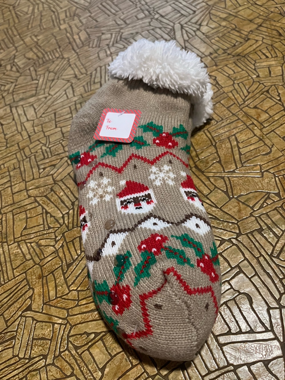 Christmas Fuzzy Socks Brown Santa 1 paio